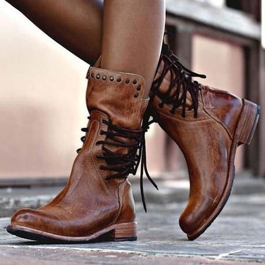 Women's Leather Lace-Up Boots – Stylish Ankle Boots for Fall and Winter