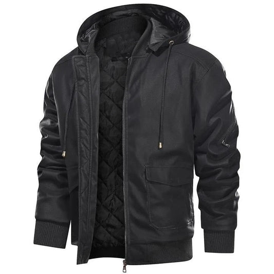 Men's Leather Jacket with Hood – Stylish Warm Coat for Casual and Outdoor Wear