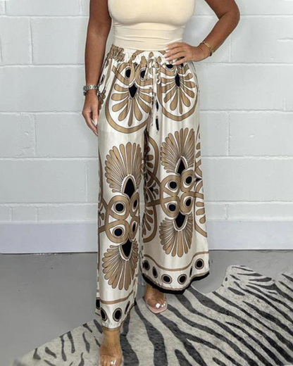 Wide-Leg Trousers for Women – Printed High-Waisted Fashion Pants for Summer