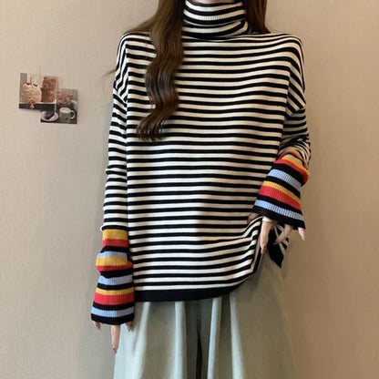 Striped High Neck Jumper for Women – Cozy Knit Sweater for Fall Fashion