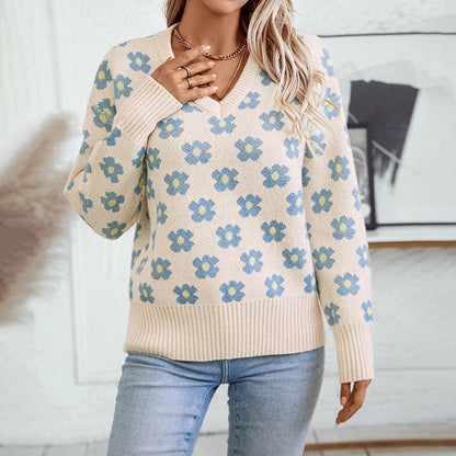 Floral Jumper for Women – V-Neck Knit Sweater, Cozy & Stylish for Casual Wear