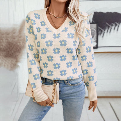 Floral Jumper for Women – V-Neck Knit Sweater, Cozy & Stylish for Casual Wear