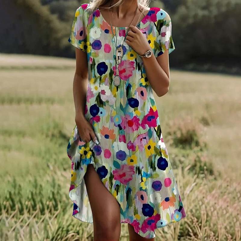 Floral Dress for Women – Elegant Summer Midi Dress with Sleeves and Belt