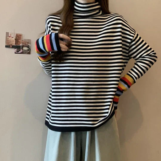 Striped High Neck Jumper for Women – Cozy Knit Sweater for Fall Fashion