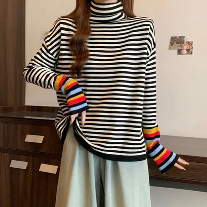 Striped High Neck Jumper for Women – Cozy Knit Sweater for Fall Fashion