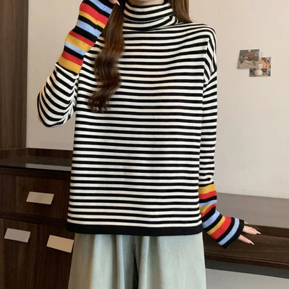 Striped High Neck Jumper for Women – Cozy Knit Sweater for Fall Fashion