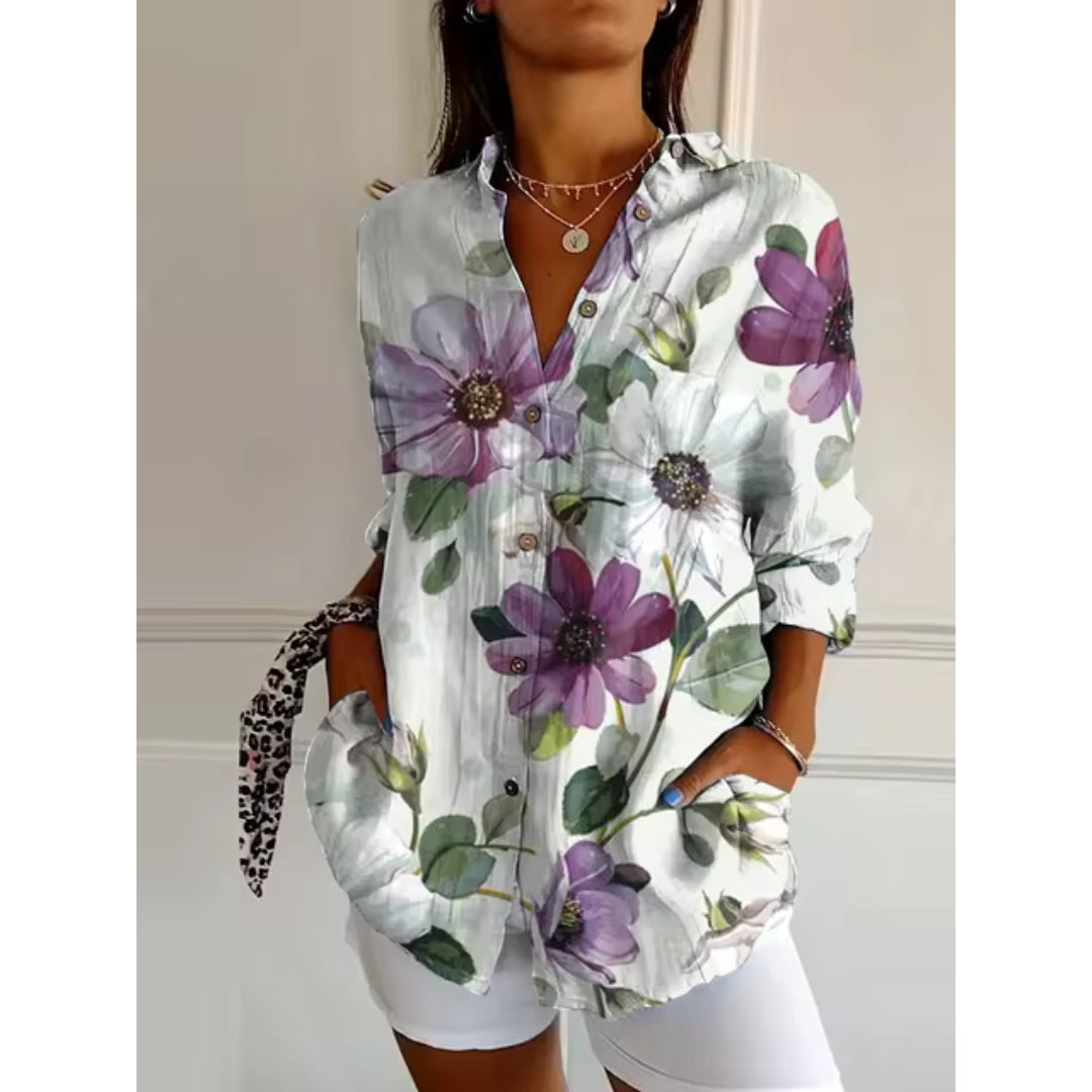 Floral Blouse for Women – Stylish Button-Up Top with Short Sleeves and Lightweight Fabric