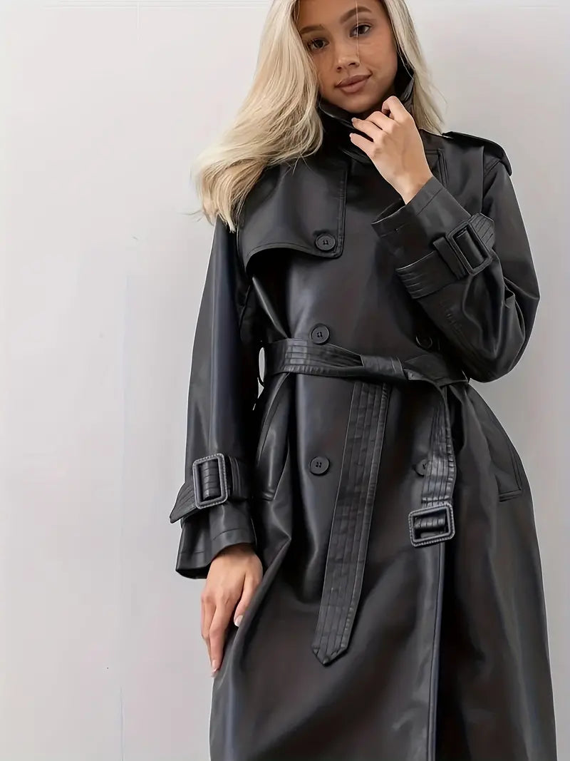 Leather Coat for Women – Stylish Long Sleeve Jacket for Winter Fashion