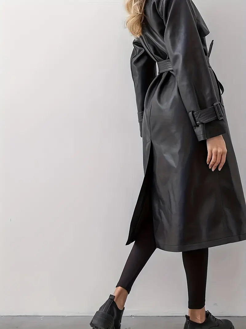 Leather Coat for Women – Stylish Long Sleeve Jacket for Winter Fashion