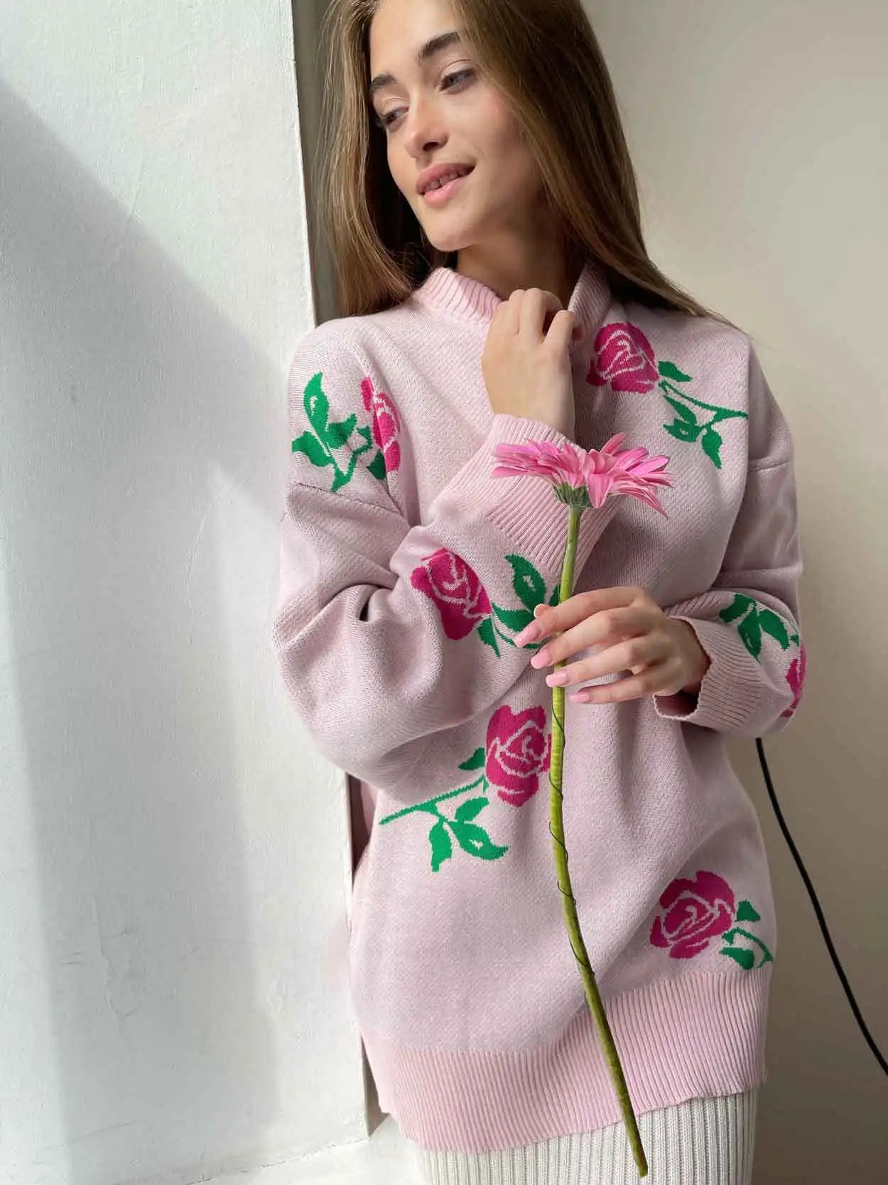 Floral Jumper for Women – Stylish Knit Sweater Dress with Long Sleeves