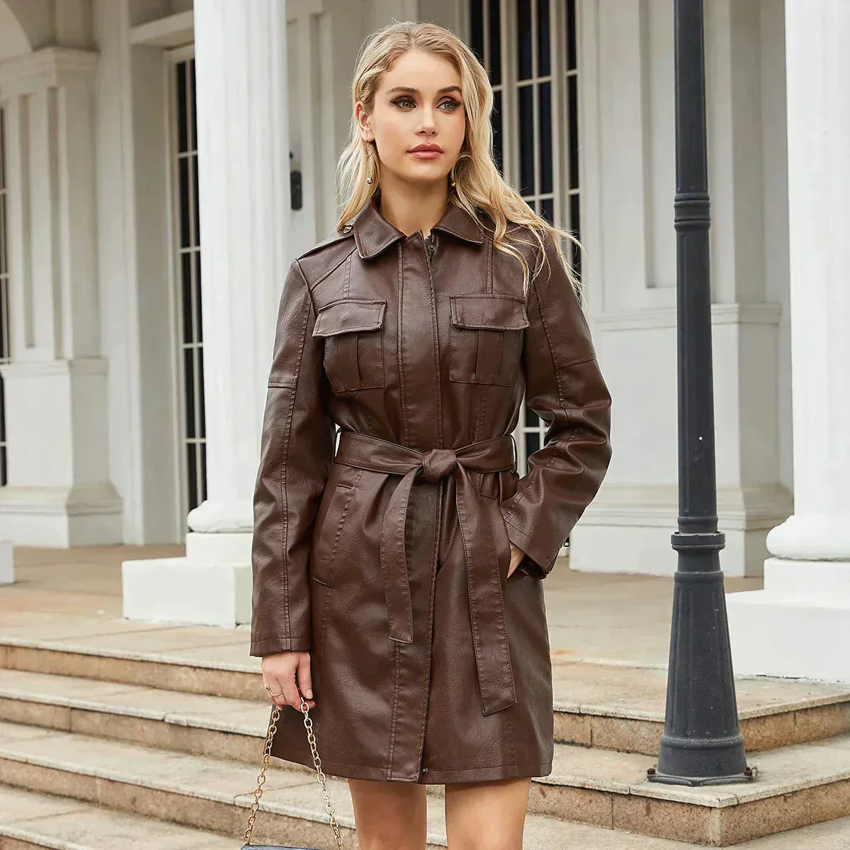 Leather Coat for Women – Stylish Long Sleeve Jacket for Winter Fashion