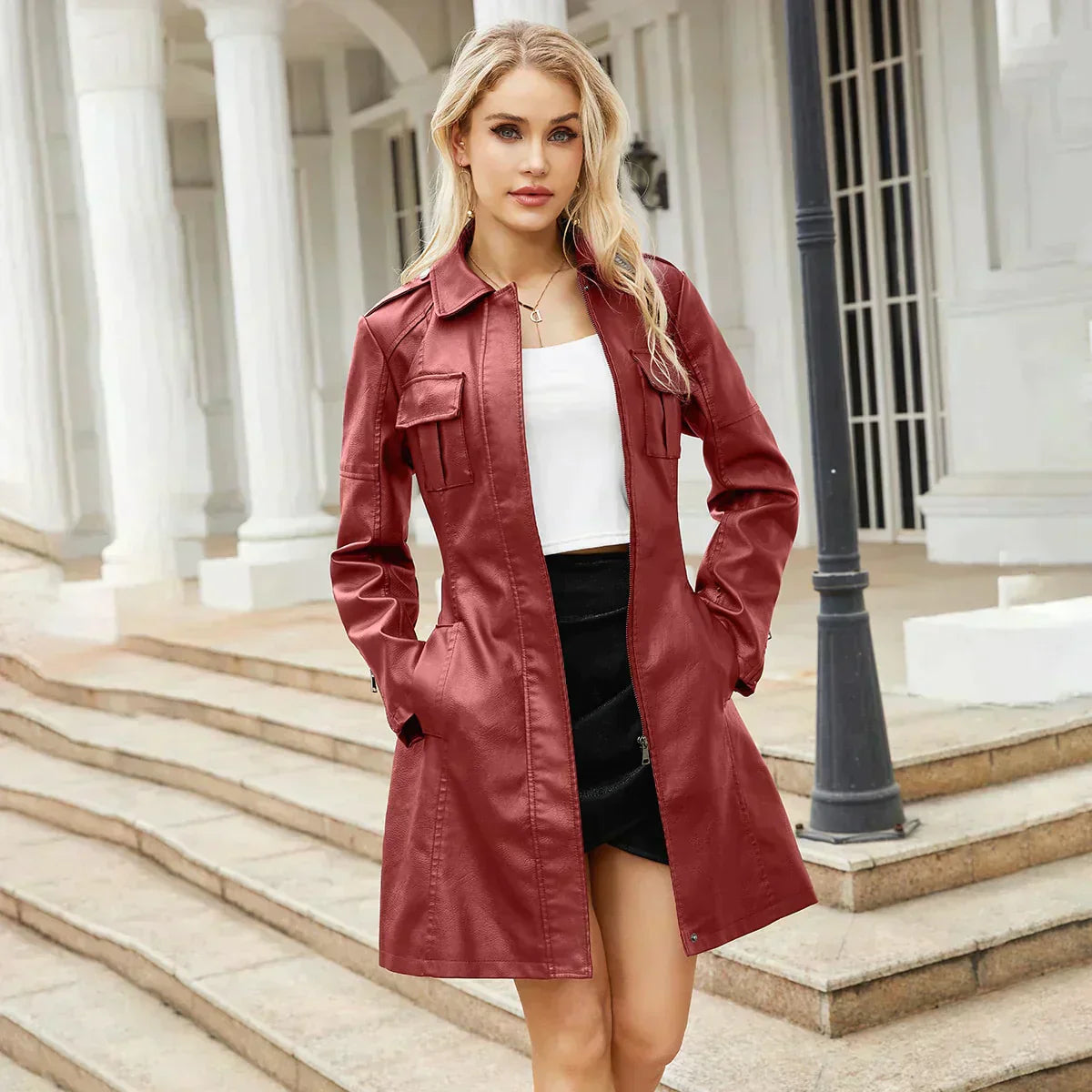 Leather Coat for Women – Stylish Long Sleeve Jacket for Winter Fashion