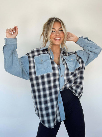 Checked Denim Shirt Women – Stylish Button Placket Casual Top for Everyday Wear