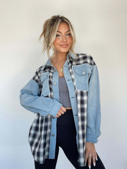 Checked Denim Shirt Women – Stylish Button Placket Casual Top for Everyday Wear