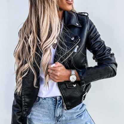 Women's Biker Jacket – Casual Lapel Design, Stylish Faux Leather Outerwear