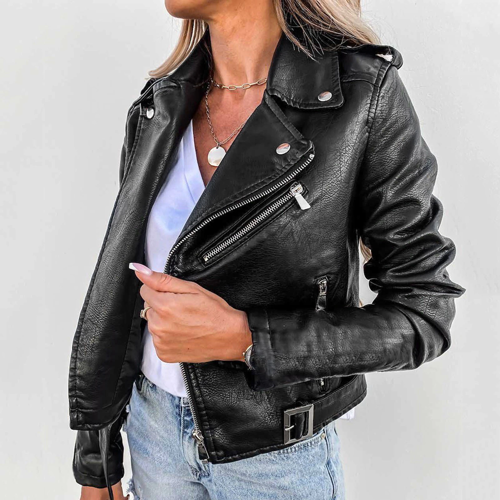 Women's Biker Jacket – Casual Lapel Design, Stylish Faux Leather Outerwear