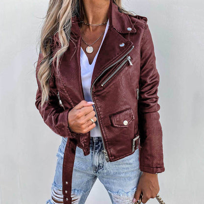 Women's Biker Jacket – Casual Lapel Design, Stylish Faux Leather Outerwear