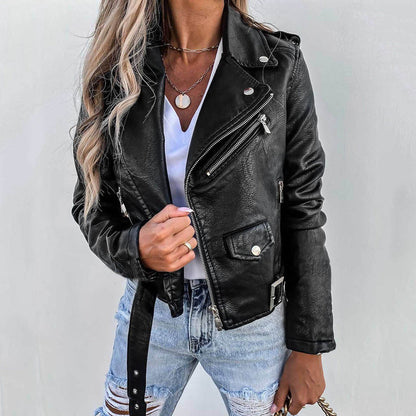 Women's Biker Jacket – Casual Lapel Design, Stylish Faux Leather Outerwear