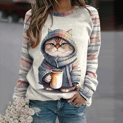 Cat Print Sweater Women – Cozy Pullover with Cute Cat Design for Casual Wear