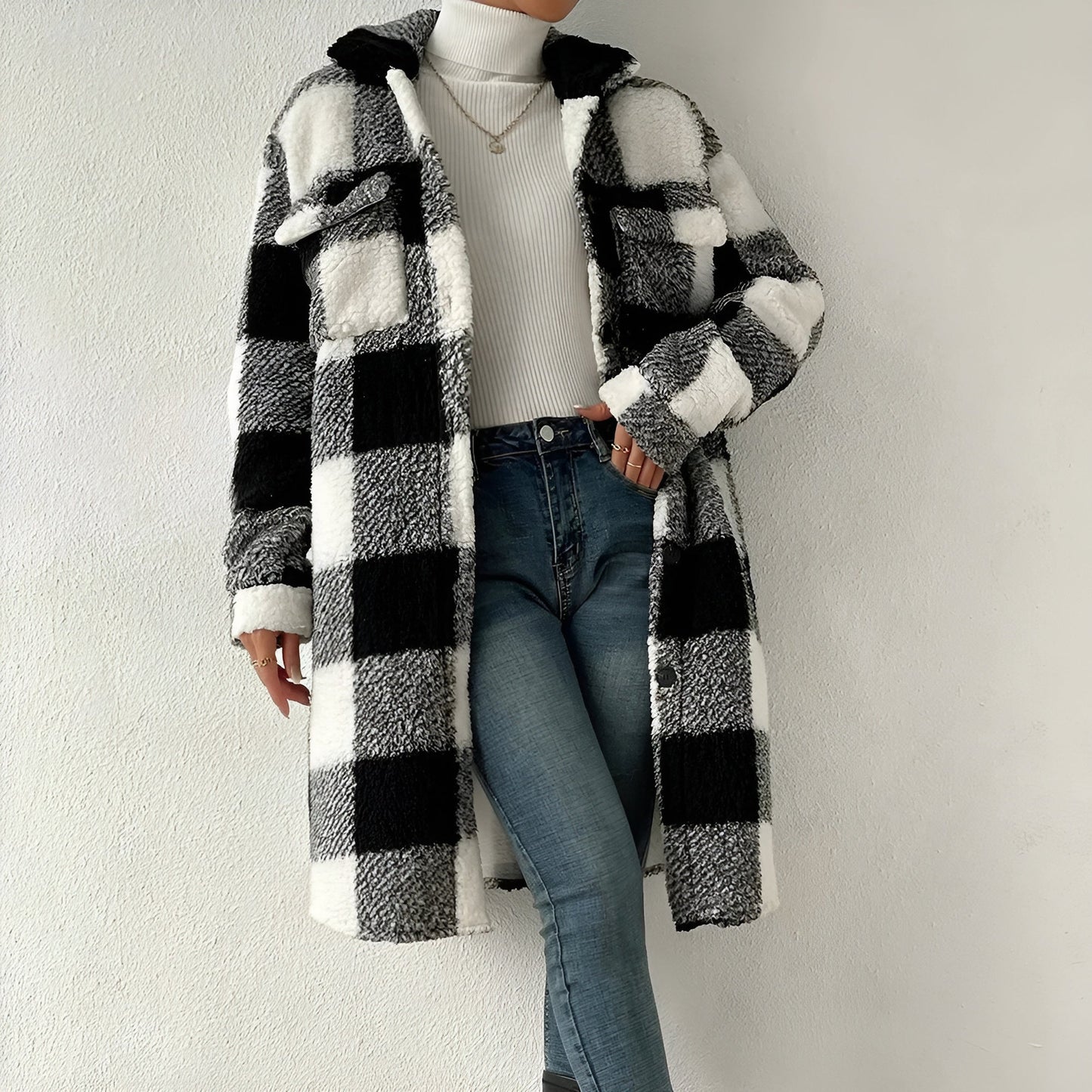 Checked Coat for Women – Long Stylish Outerwear in Warm Fabric for Winter