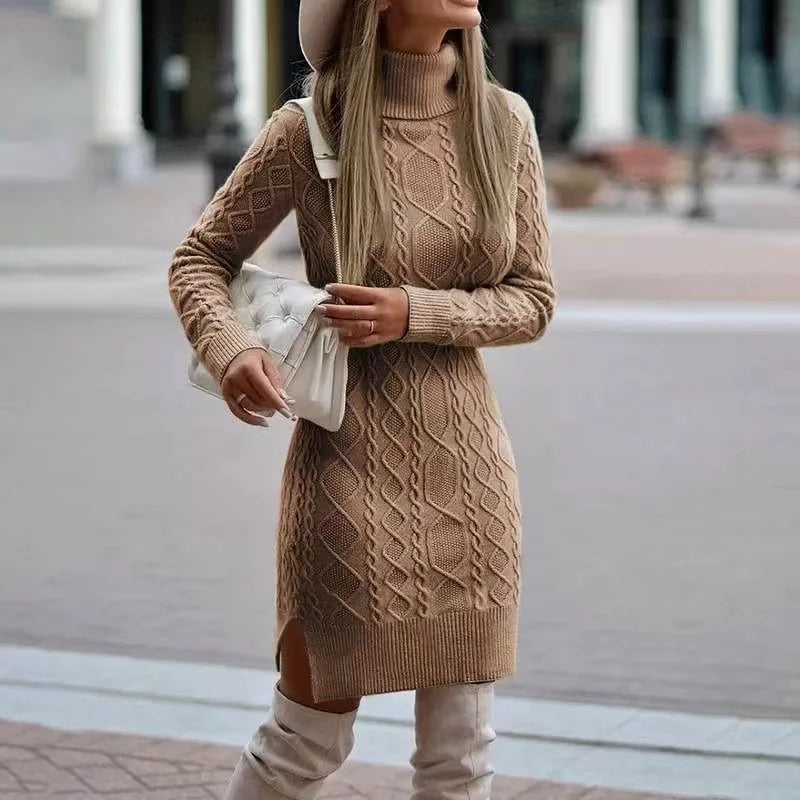 Knitted Dress for Women – High Neckline Elegant Sweater Dress for Fall