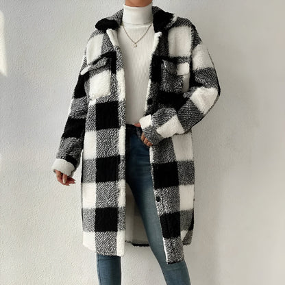 Checked Coat for Women – Long Stylish Outerwear in Warm Fabric for Winter