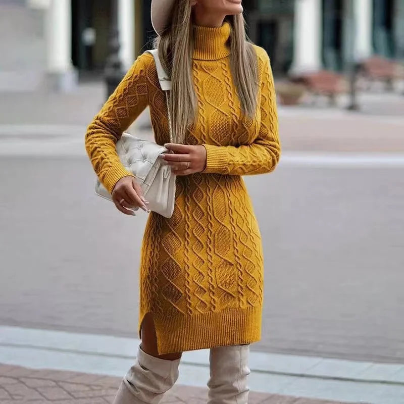 Knitted Dress for Women – High Neckline Elegant Sweater Dress for Fall