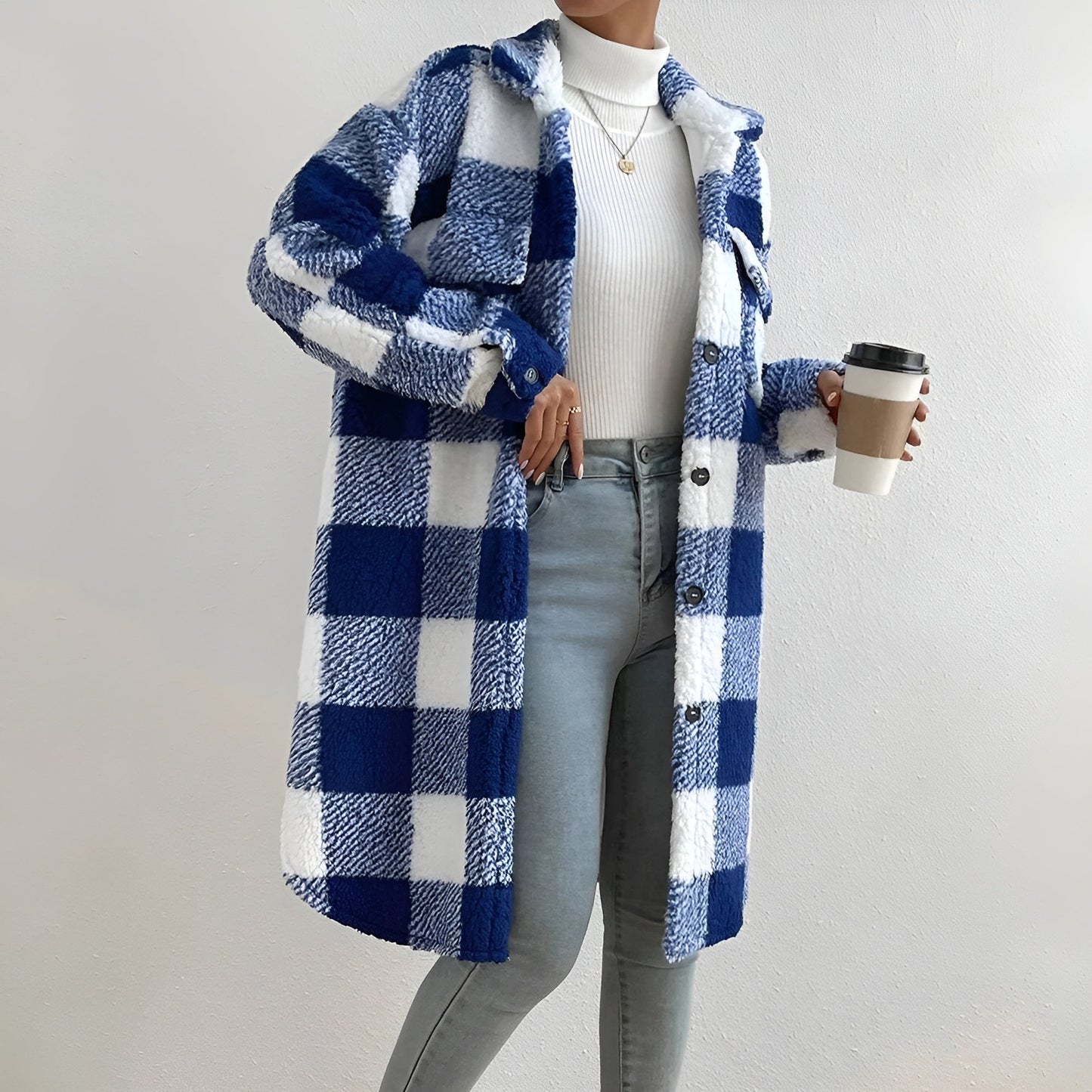 Checked Coat for Women – Long Stylish Outerwear in Warm Fabric for Winter