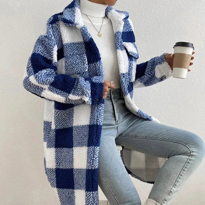 Checked Coat for Women – Long Stylish Outerwear in Warm Fabric for Winter