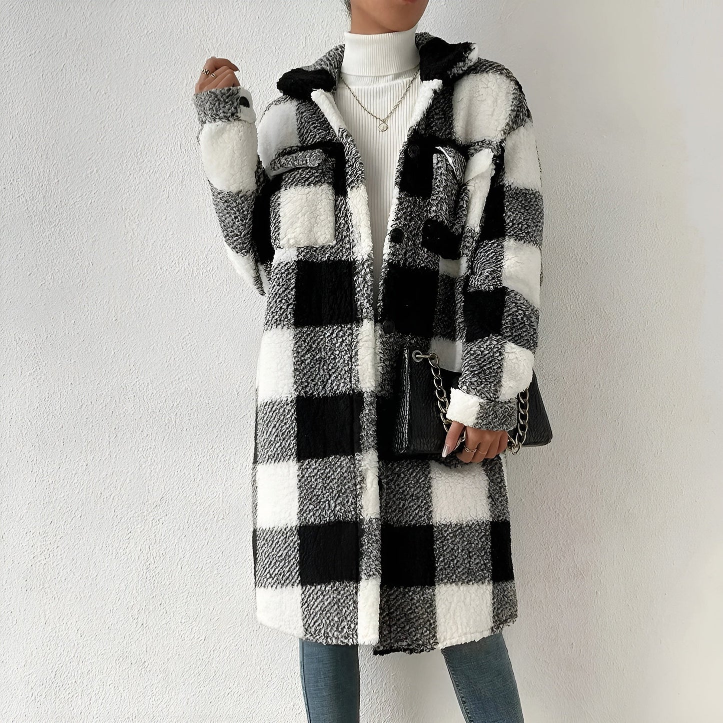 Checked Coat for Women – Long Stylish Outerwear in Warm Fabric for Winter