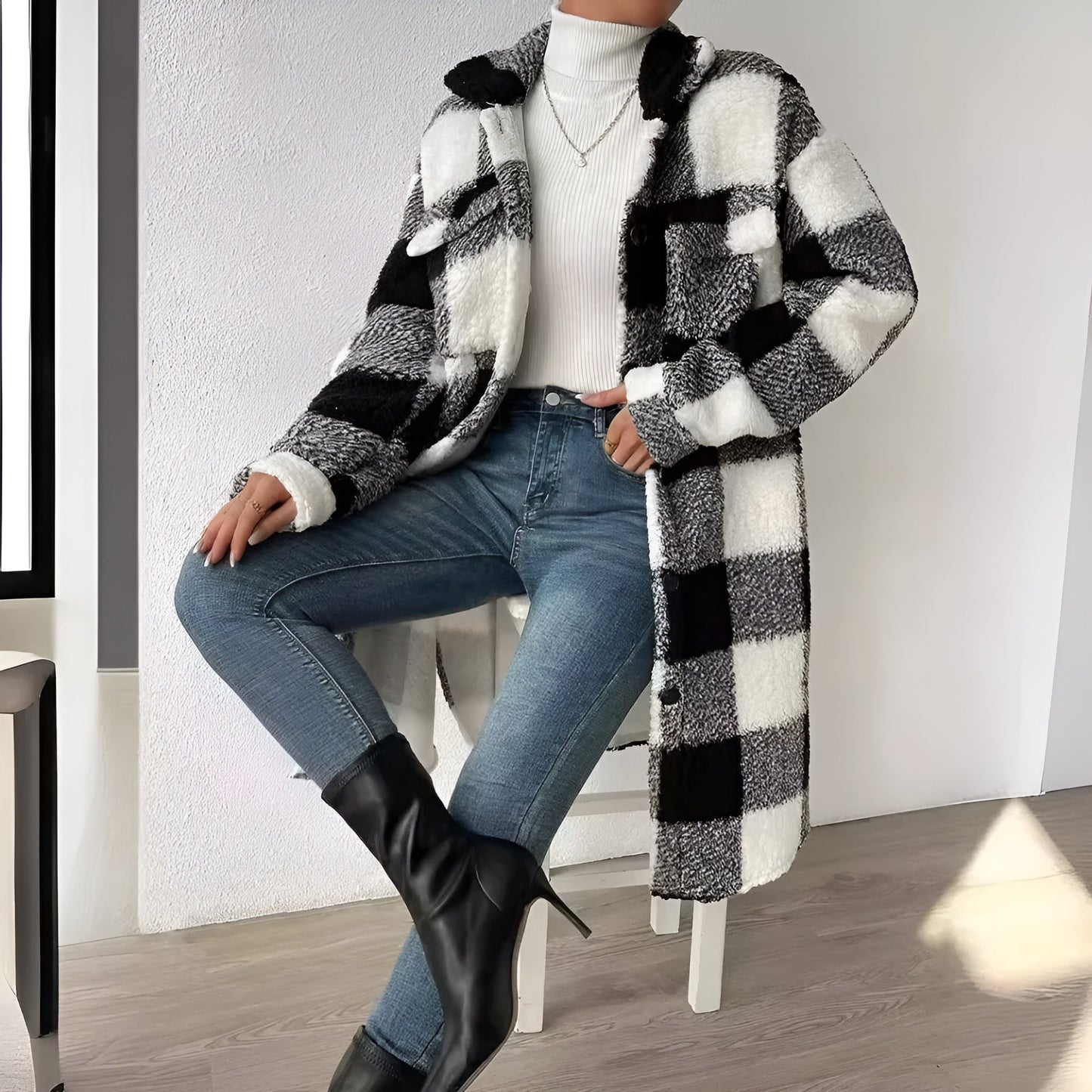 Checked Coat for Women – Long Stylish Outerwear in Warm Fabric for Winter