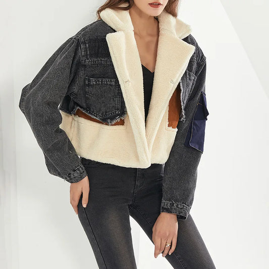 Denim Jacket Women – Stylish Winter Coat with Warm Lining and Pockets