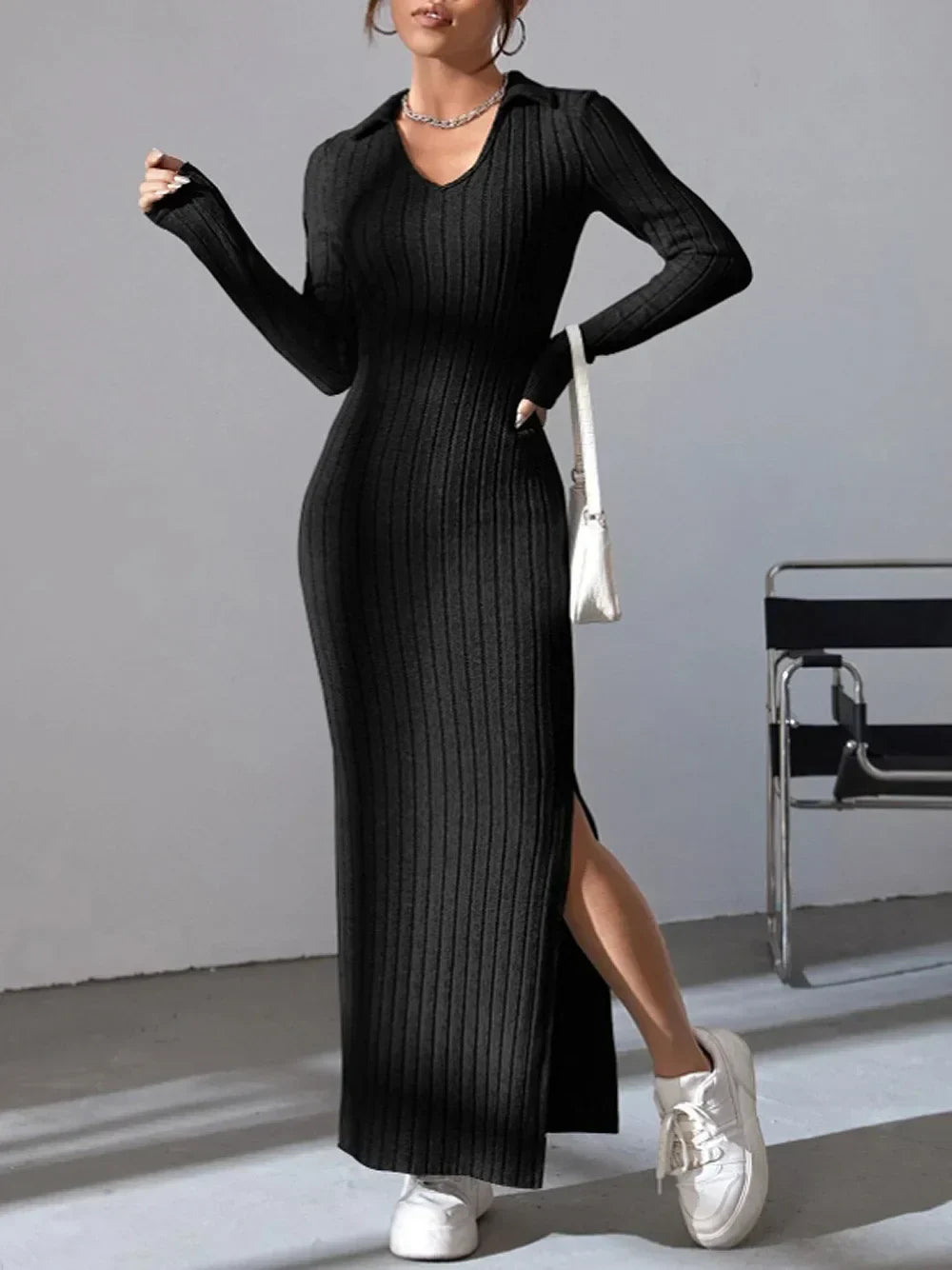 Knitted Midi Dress for Women – Stylish Ribbed Design for Casual or Evening Wear