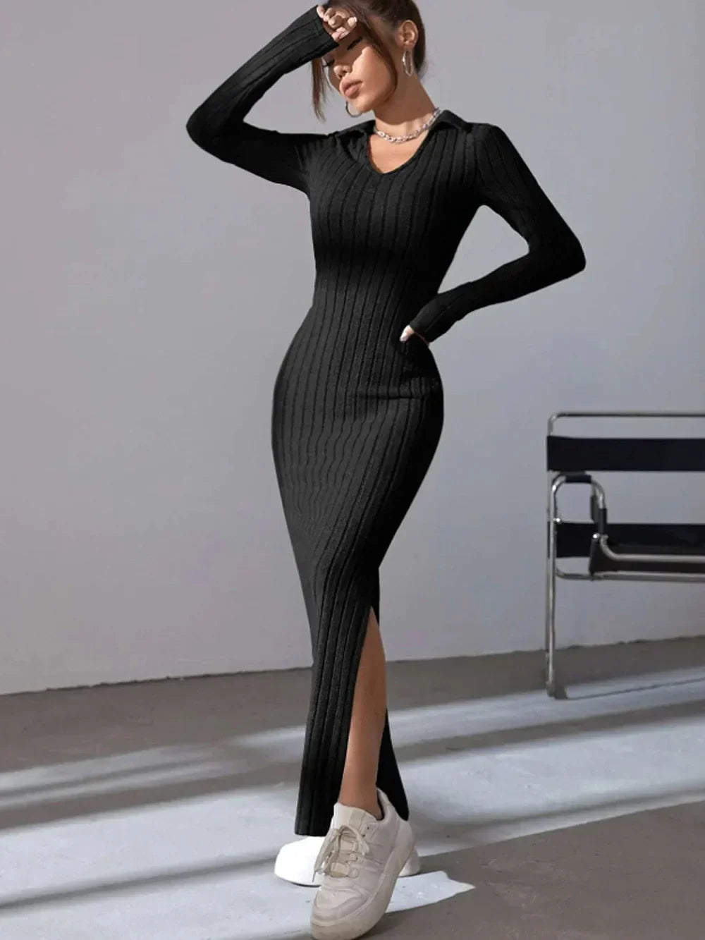 Knitted Midi Dress for Women – Stylish Ribbed Design for Casual or Evening Wear