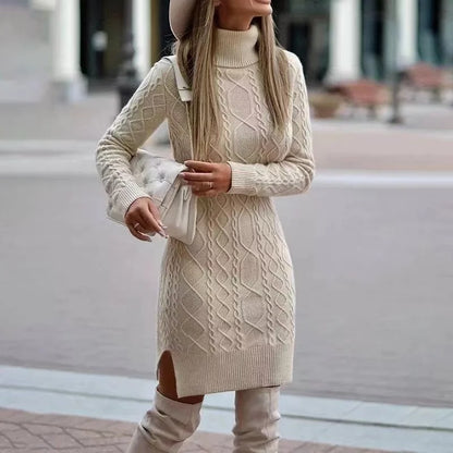 Knitted Dress for Women – High Neckline Elegant Sweater Dress for Fall