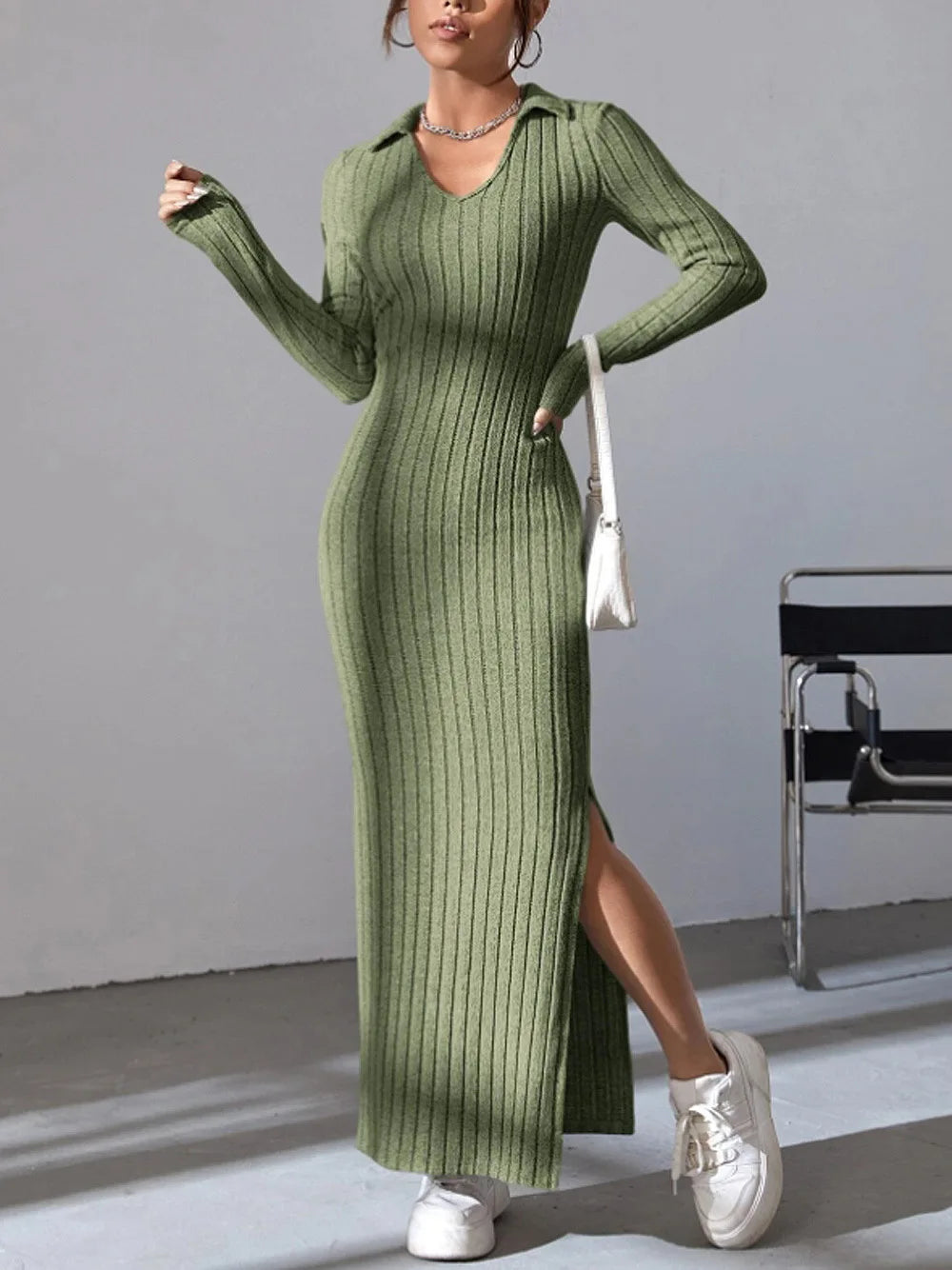 Knitted Midi Dress for Women – Stylish Ribbed Design for Casual or Evening Wear