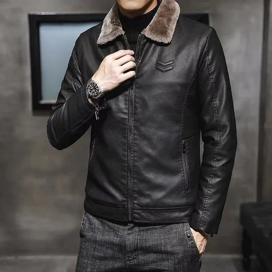 Men's Leather Winter Jacket – Stylish Warm Coat with Zipper and Pockets