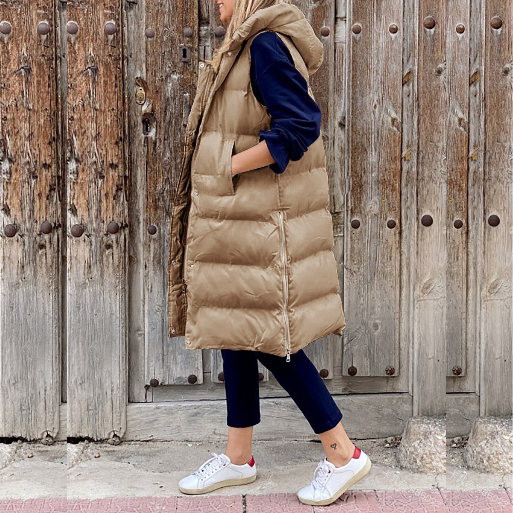 Women's Hooded Padded Gilet – Stylish Long Insulated Vest for Cold Weather