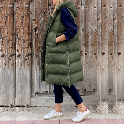 Women's Hooded Padded Gilet – Stylish Long Insulated Vest for Cold Weather