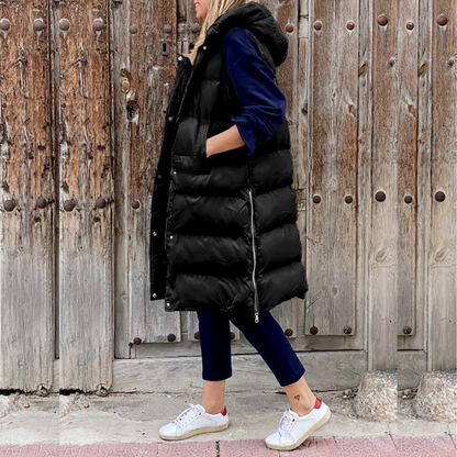 Women's Hooded Padded Gilet – Stylish Long Insulated Vest for Cold Weather