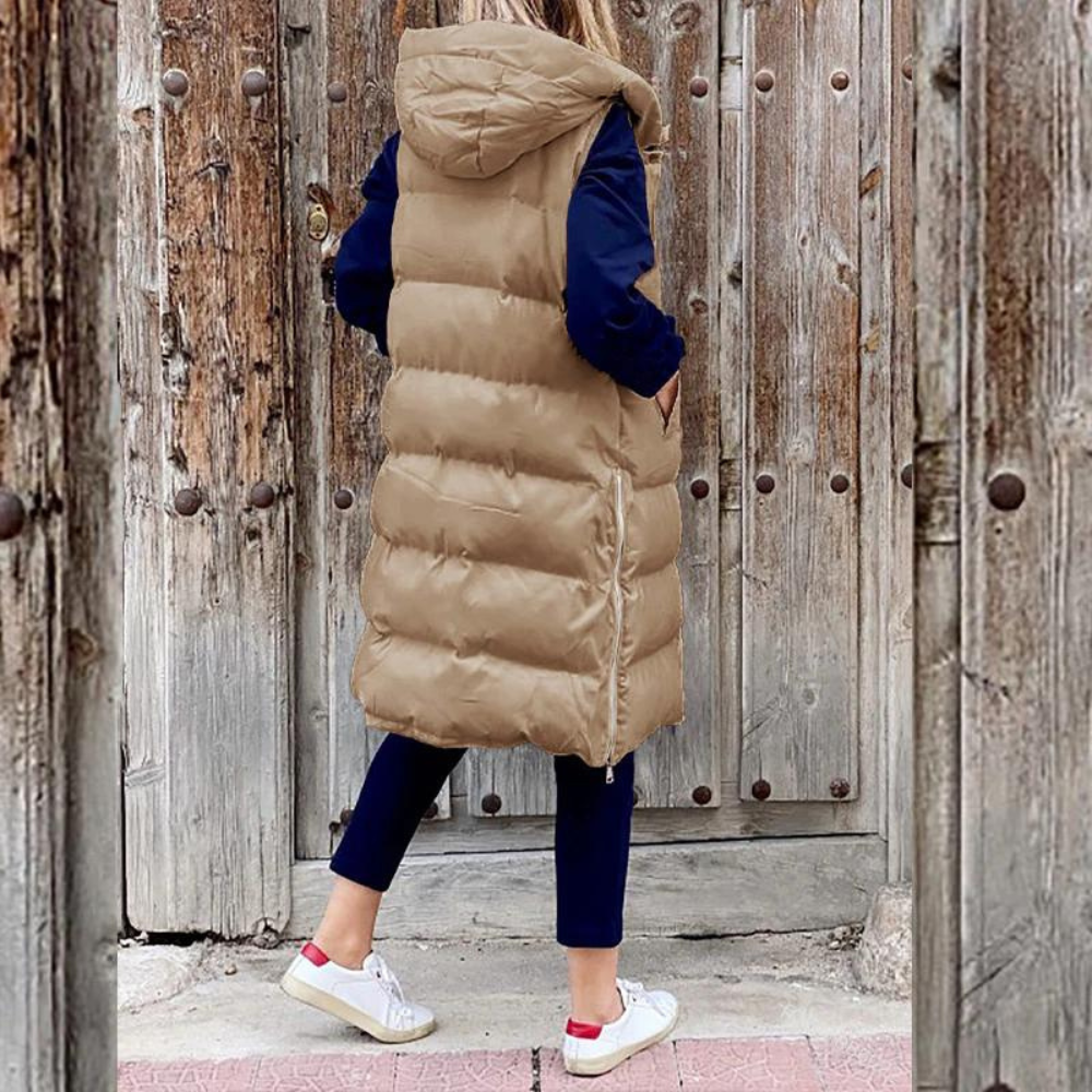 Women's Hooded Padded Gilet – Stylish Long Insulated Vest for Cold Weather