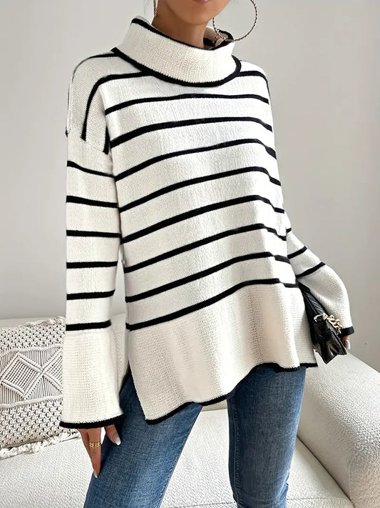 Women's Striped Roll Neck Jumper – Cozy Knit Sweater for Casual Wear