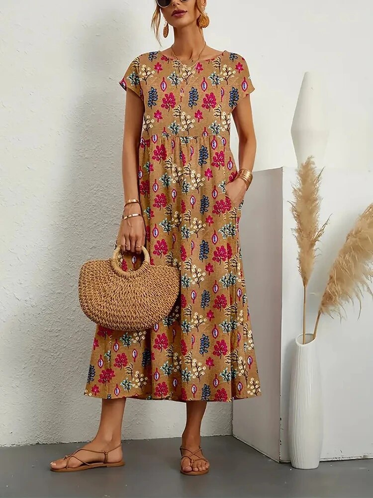 Floral Dress for Women – Elegant Floral Maxi Dress with Sleeves for Summer