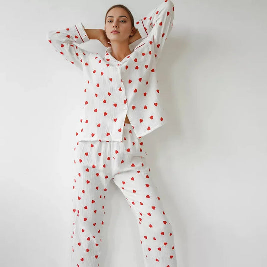 Women's Pajama Set – Soft Cotton Sleepwear with Heart Patterns for Comfort