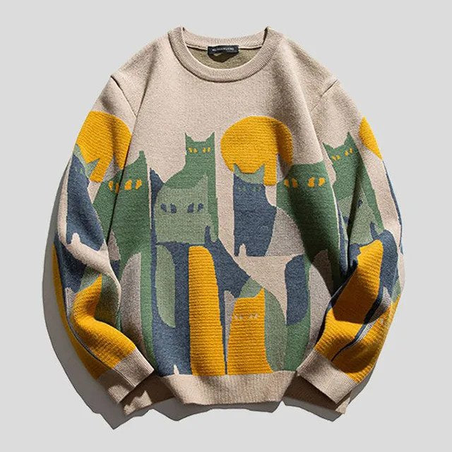 Men's Cat Pattern Pullover – Cozy Knit Sweater for Cat Lovers