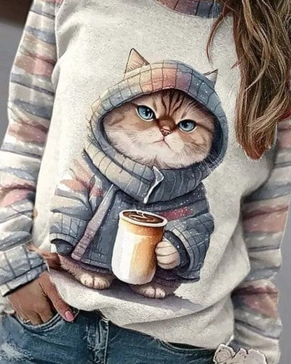 Cat Print Sweater Women – Cozy Pullover with Cute Cat Design for Casual Wear