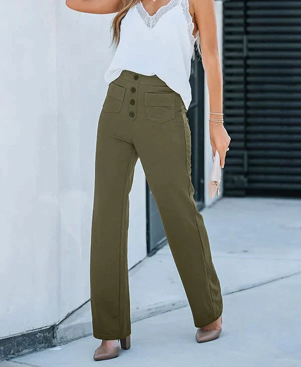 High-Waisted Trousers for Women – Stylish Front Button Design and Comfortable Fit