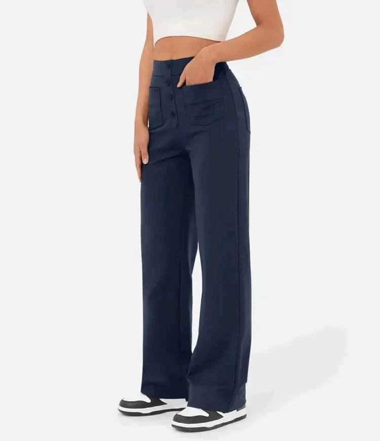 High-Waisted Trousers for Women – Stylish Front Button Design and Comfortable Fit