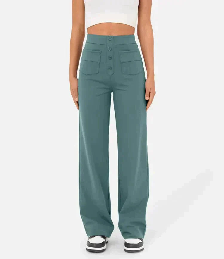 High-Waisted Trousers for Women – Stylish Front Button Design and Comfortable Fit