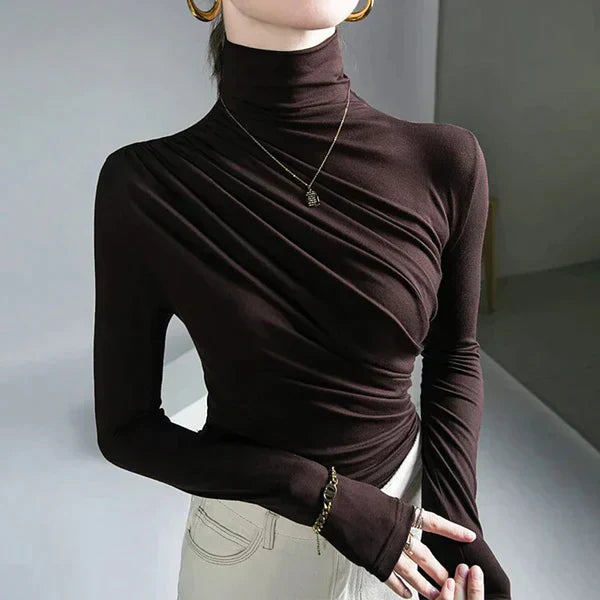 Women's Roll Neck Blouse – Elegant Pleated Top for Casual and Office Wear